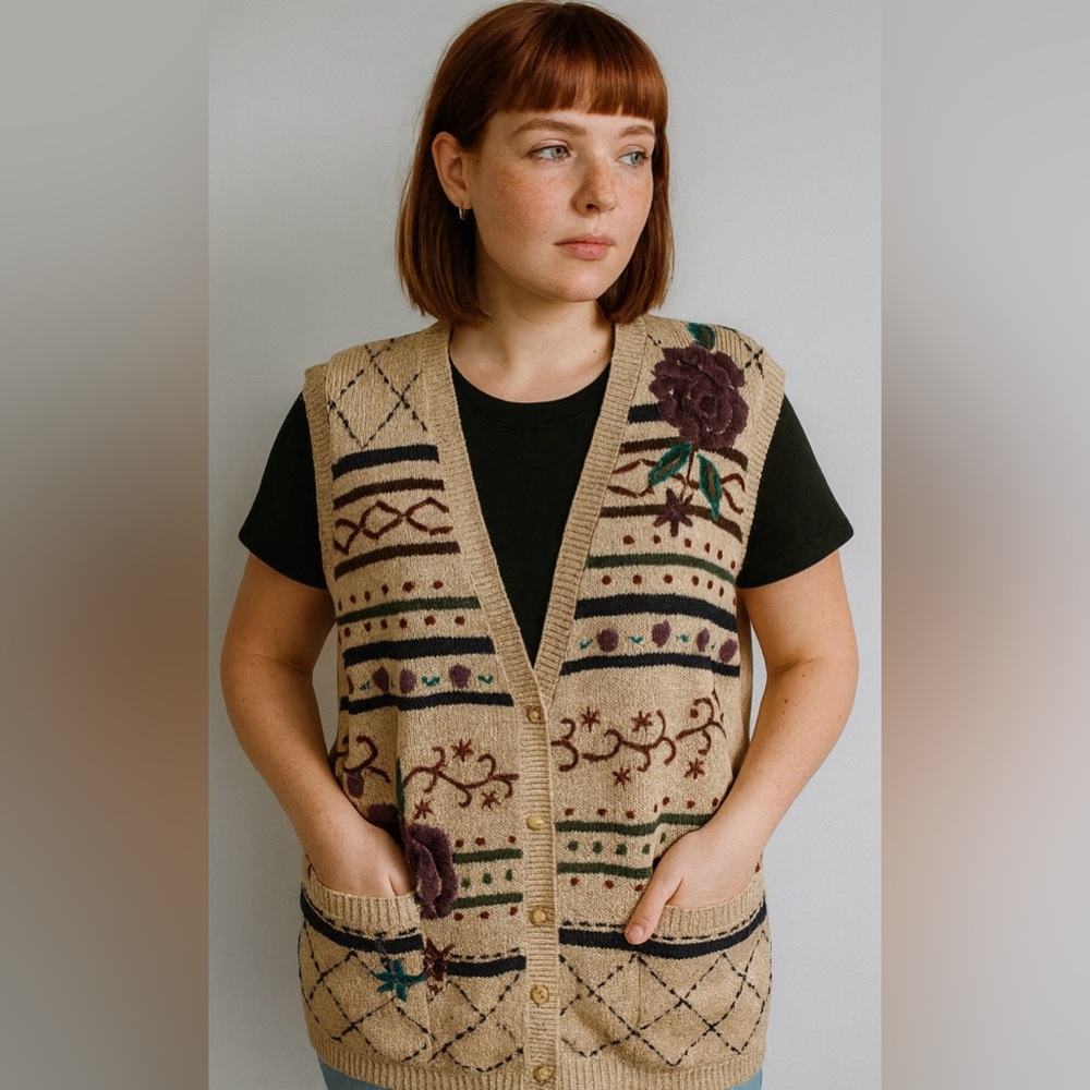 Napa Valley Tan Floral Embroidered Knit Sweater Vest Boho Grannycore Indie Large - Picture 2 of 10